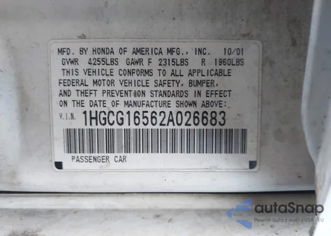 2002 Honda Accord 3.0 Ex из США, поврежденный, VIN 1HGCG16562A026683